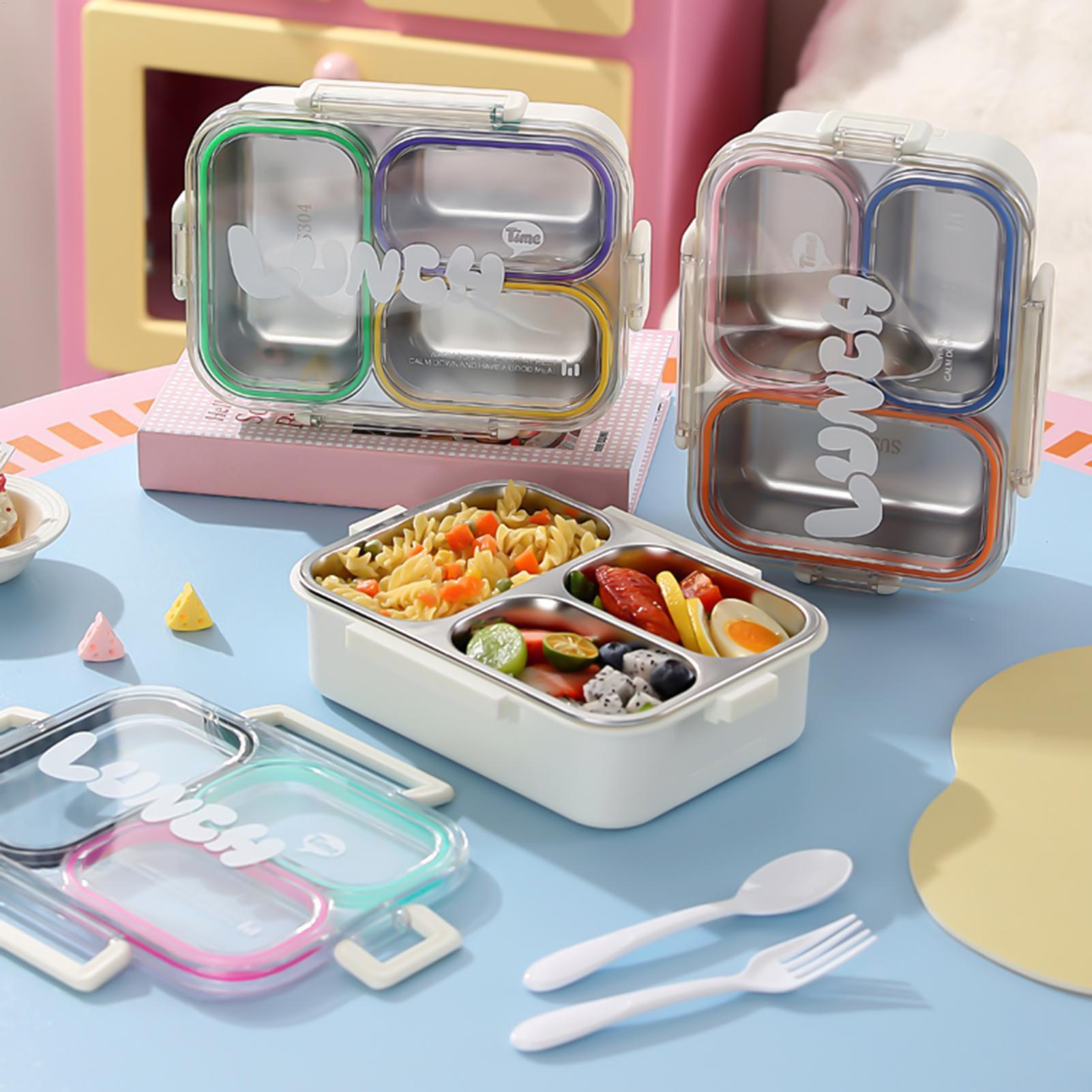 Baby Food Container - กล่องอาหารกลางวันสแตนเลสแบบแบ่งช่อง ป้องกันการรั่วซึม กล่องขนมสำหรับเด็กนักเรียน พร้อมชุดช้อนส้อม กล่องอาหารกลางวันแบบพกพาสำหรับสำนักงาน สำหรับเก็บอาหาร