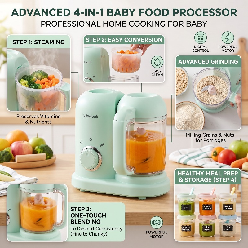 Baby Food Maker And Steamer - เครื่องบดอาหารเด็กอเนกประสงค์ความแม่นยำสูงขนาดเล็กอัตโนมัติ 4 in 1 พร้อมฟังก์ชั่นนึ่ง ต้ม