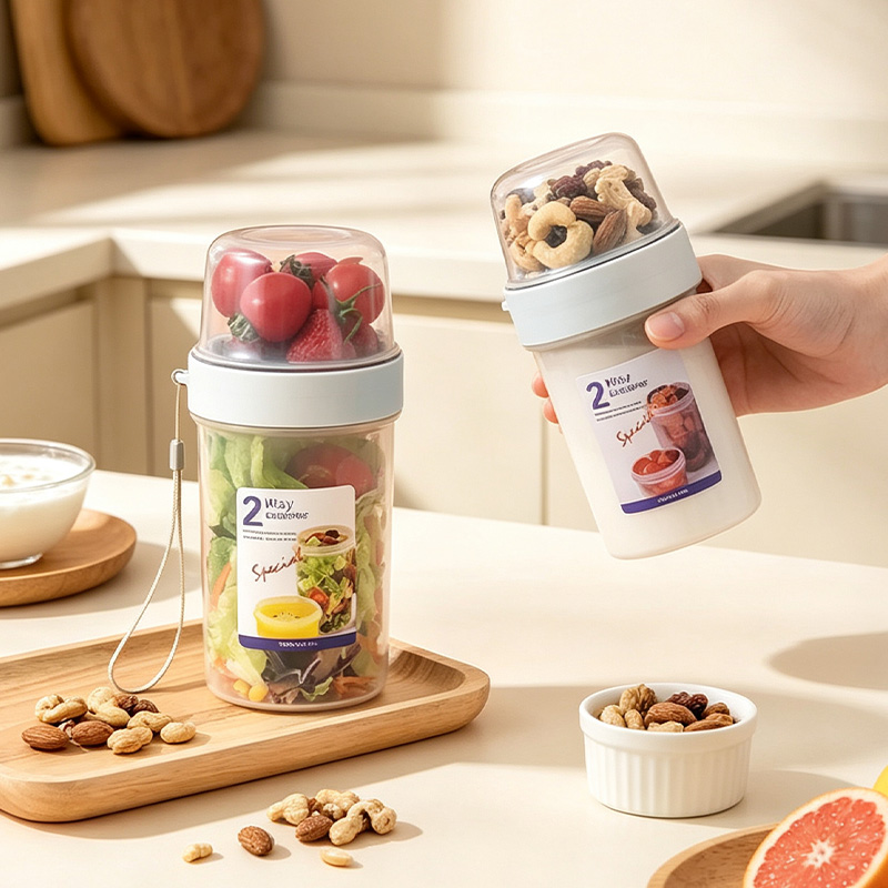 Baby Food On The Go - ถ้วยอาหารเช้าแบบพกพา 2 ชั้น 1 ชิ้น, ภาชนะใส่ซีเรียลและนมแบบนำกลับบ้าน,