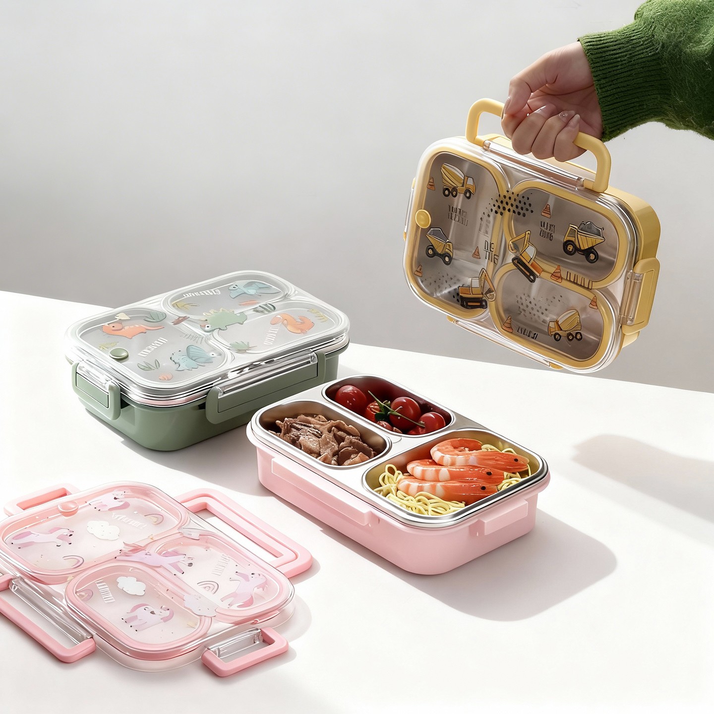 Baby Food Container - กล่องอาหารกลางวันเด็กขนาดใหญ่ลายการ์ตูน พร้อมหูหิ้ว พกพาสะดวก ป้องกันการรั่วซึม ผลิตจากสแตนเลส 304